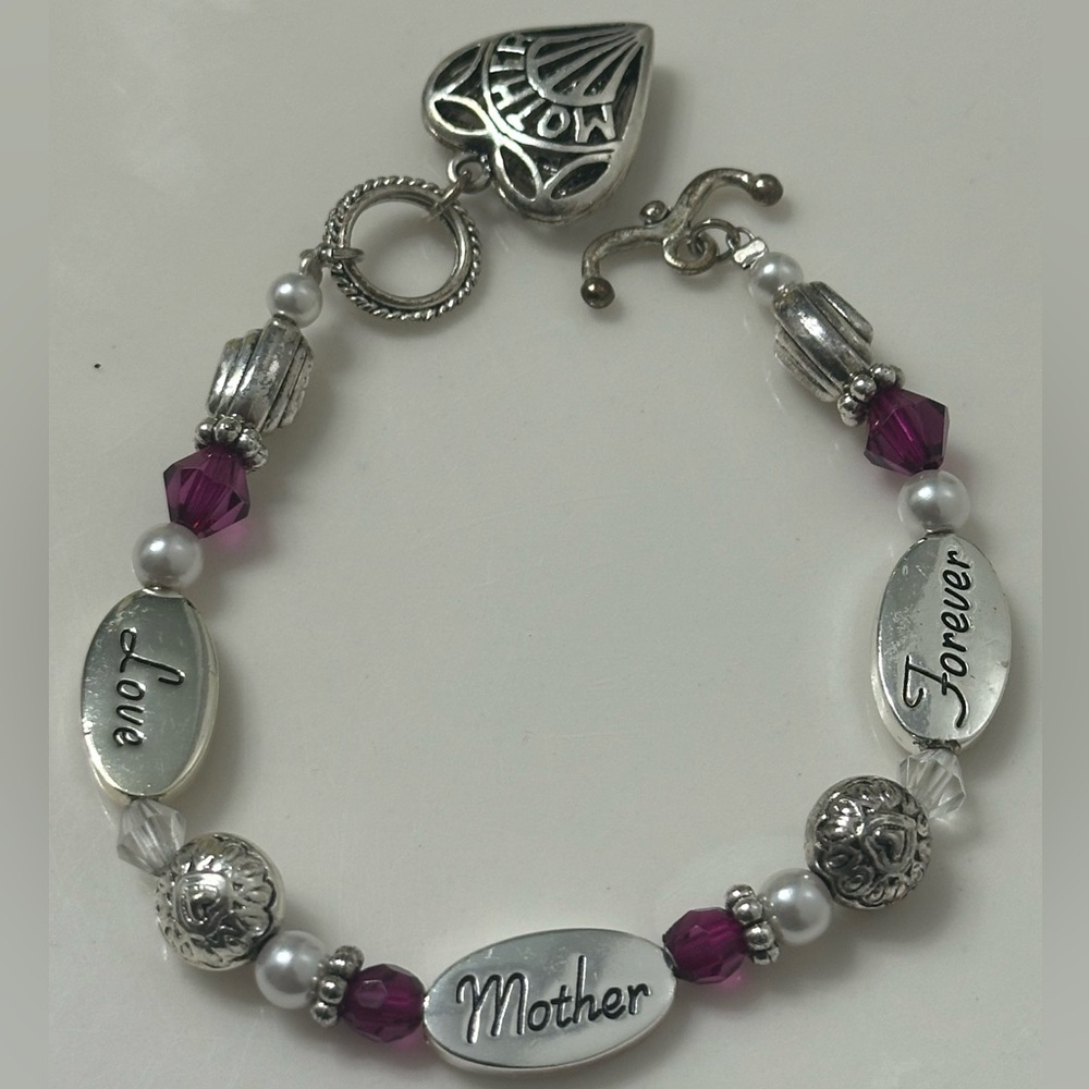 Silver tone and Purple pearls Mother Heart Charm Bracelet
